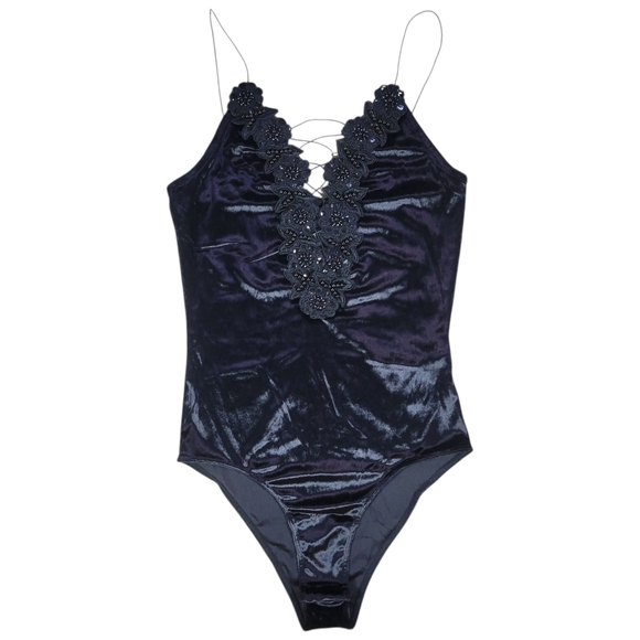Topshop Tops - Topshop Lace Up Velvet Bodysuit Womens 4 Black Fairy Goth‎ Floral Applique Dark
